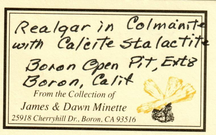 COLEMANITE with REALGAR on CALCITE