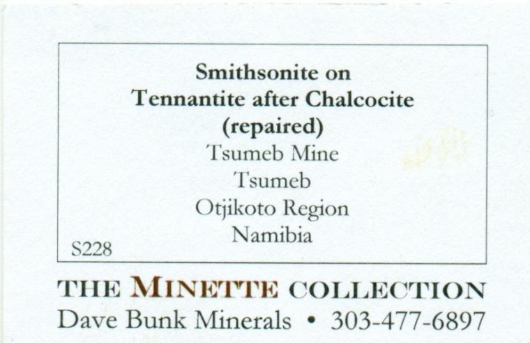 SMITHSONITE on TENNANTITE after CHALCOCITE (repaired)