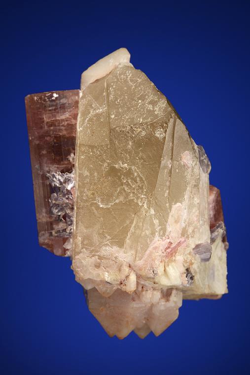 ELBAITE with LEPIDOLITE and ALBITE var. Cleavelandite on QUARTZ
