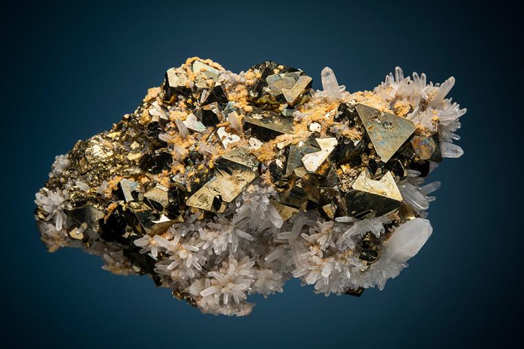 PYRITE with FLUORAPATITE and MUSCOVITE on QUARTZ