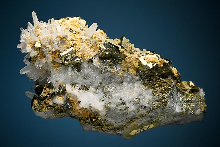 PYRITE with FLUORAPATITE and MUSCOVITE on QUARTZ