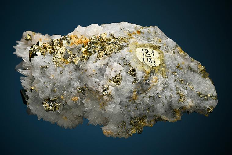 PYRITE with FLUORAPATITE and MUSCOVITE on QUARTZ