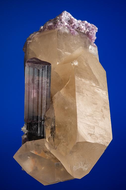 ELBAITE with LEPIDOLITE on QUARTZ (repaired)