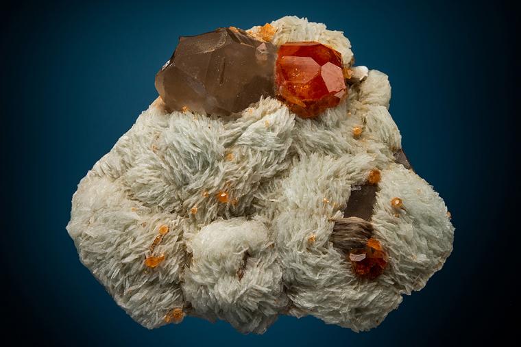 SPESSARTINE with QUARTZ var. Smoky on ALBITE var. Cleavelandite