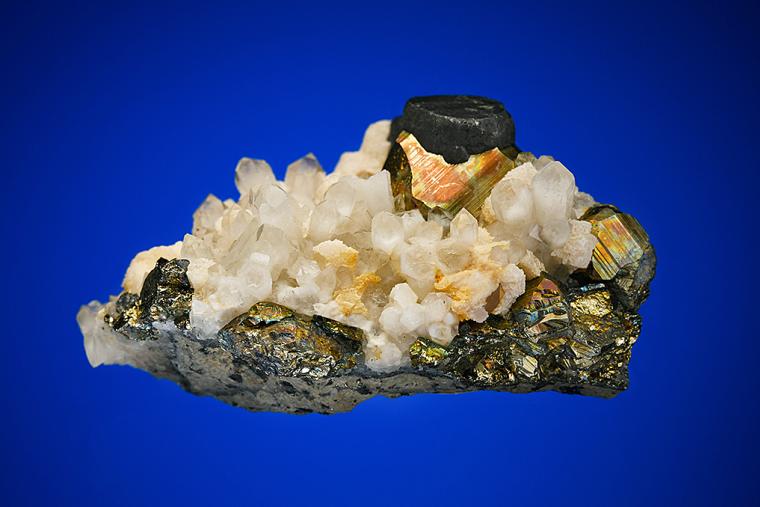 PYRITE with TETRAHEDRITE and CALCITE on QUARTZ