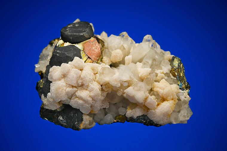 PYRITE with TETRAHEDRITE and CALCITE on QUARTZ