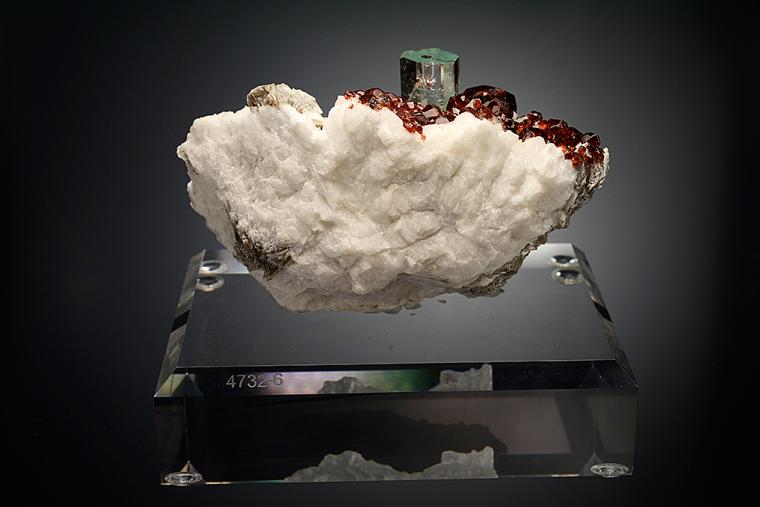 BERYL var. Aquamarine with SPESSARTINE on MICROCLINE and MUSCOVITE