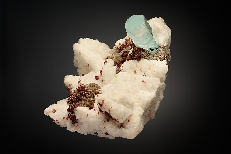 BERYL var. Aquamarine with SPESSARTINE on MICROCLINE and MUSCOVITE