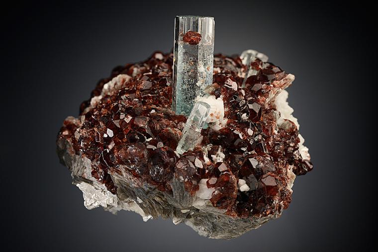 BERYL var. Aquamarine with SPESSARTINE on MICROCLINE and MUSCOVITE