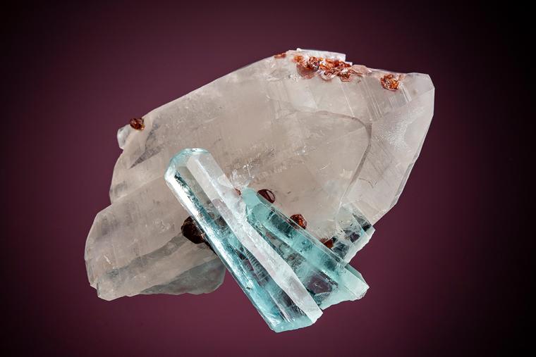 BERYL var. Aquamarine with SPESSARTINE on QUARTZ