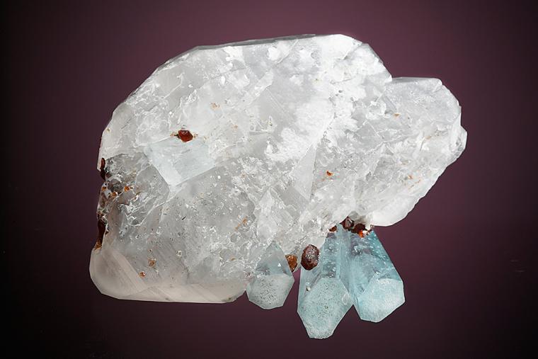 BERYL var. Aquamarine with SPESSARTINE on QUARTZ