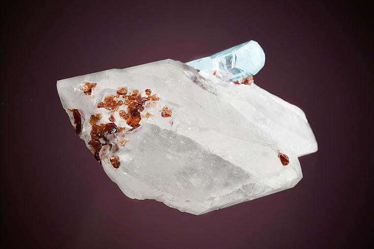 BERYL var. Aquamarine with SPESSARTINE on QUARTZ