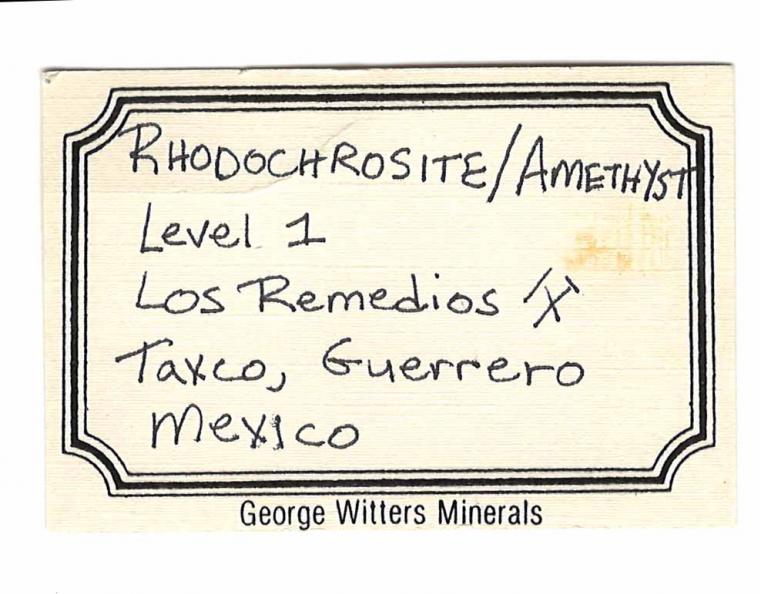 RHODOCHROSITE after CALCITE on QUARTZ var. Amethyst