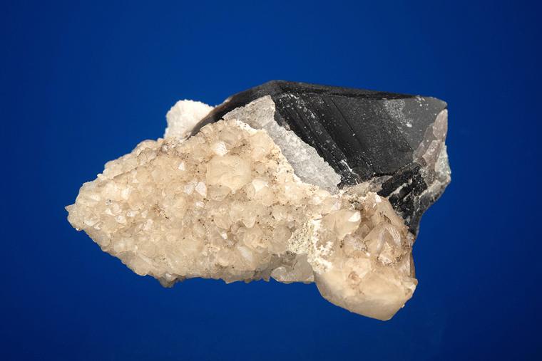 CALCITE with BERYL var. Aquamarine on QUARTZ var. Smoky